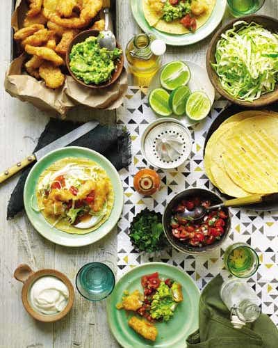 Fish Tacos With Pico de Gallo, Cabbage, and Lime Crema