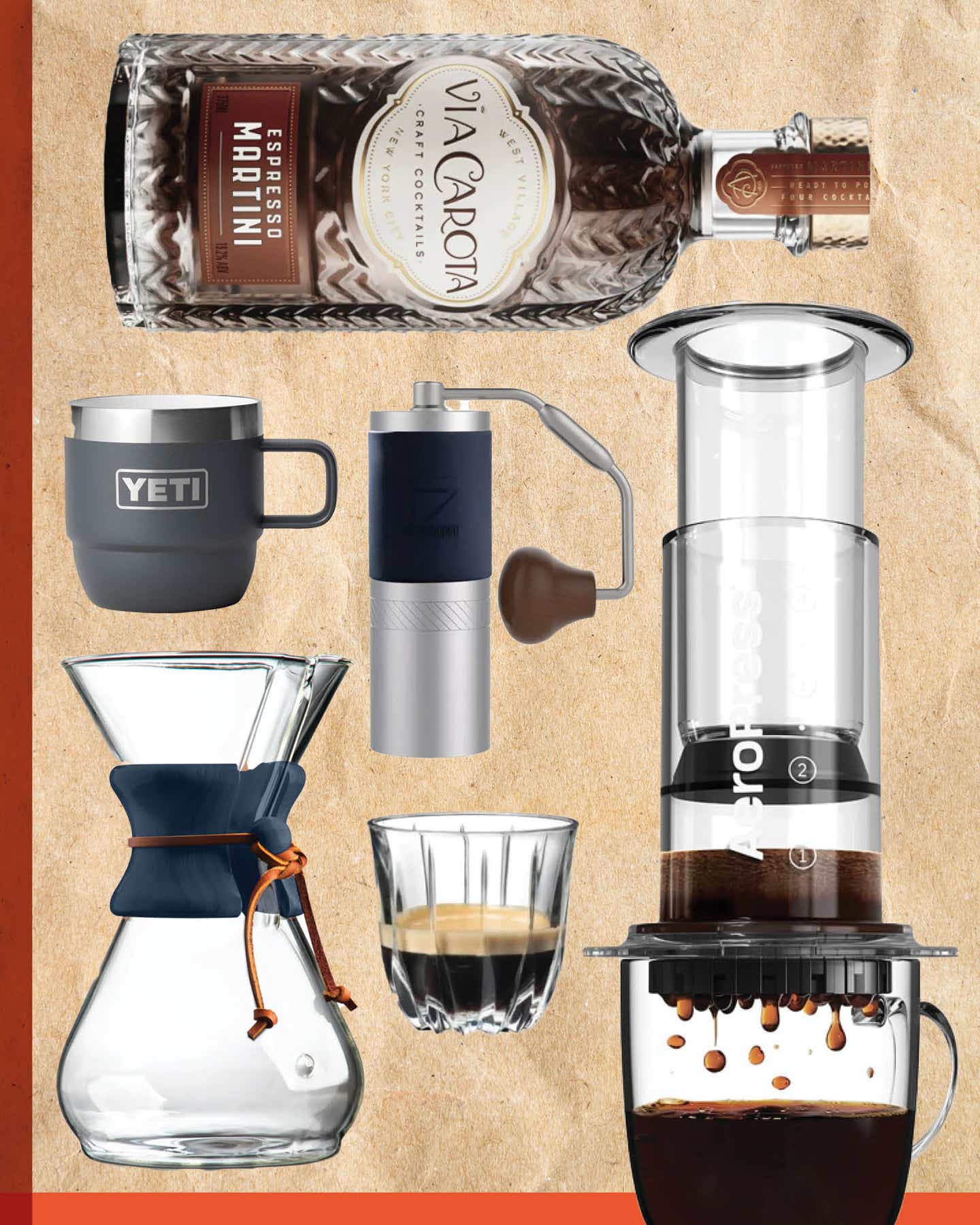 Collage of gift ideas for coffee lovers, including a Yeti mug, hand coffee grinder, Chemex pour-over brewer, AeroPress, and an espresso drink.